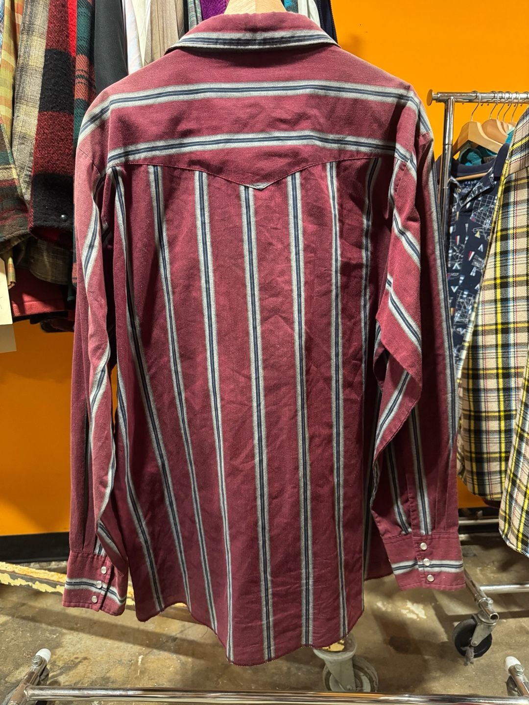 Vintage 90s Wrangler Western Shirt Burgundy Striped Pearl Snap Size XL TALL 4