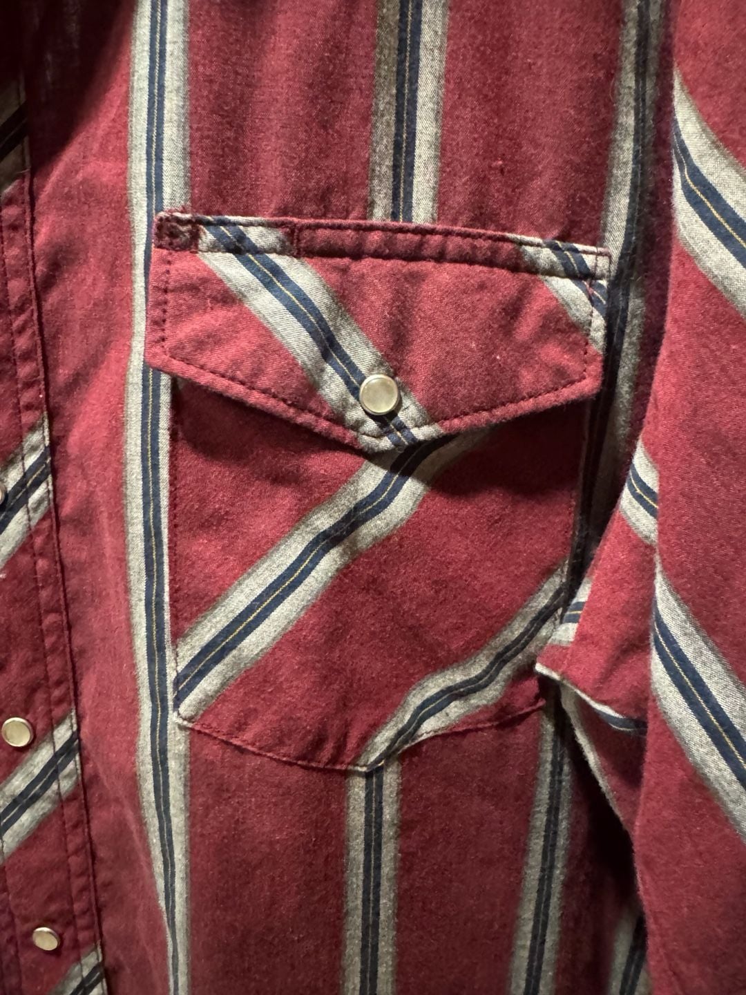 Vintage 90s Wrangler Western Shirt Burgundy Striped Pearl Snap Size XL TALL 5