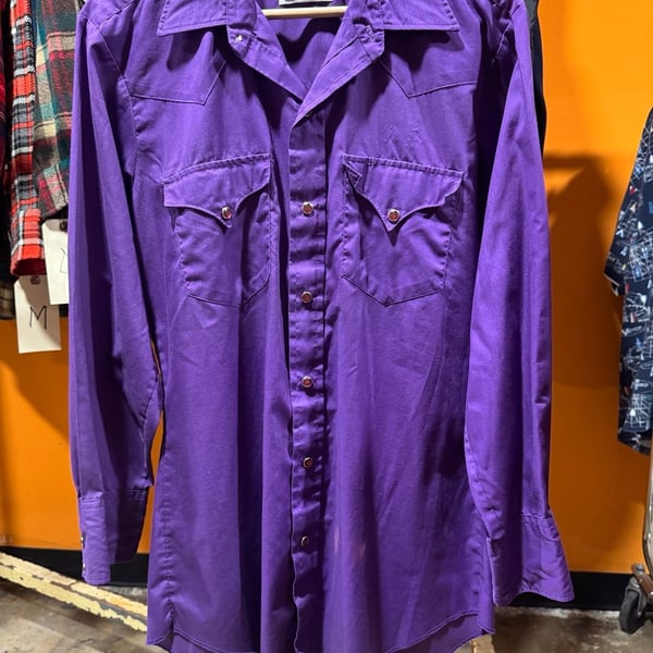 Vintage 70s 80s H Bar C Western Pearl Snap Shirt Size M/L Purple FLAWS
