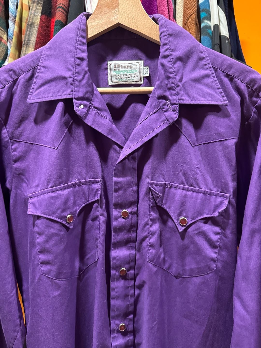 Vintage 70s 80s H Bar C Western Pearl Snap Shirt Size M/L Purple FLAWS 3