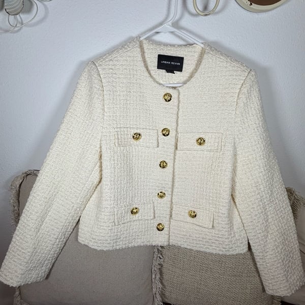 Urban Revivo Multi-Pocket Tweed Jacket US 8 Cream Gold Buttons
