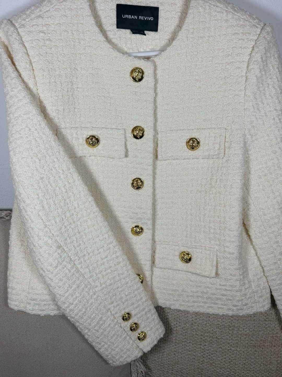 Urban Revivo Multi-Pocket Tweed Jacket US 8 Cream Gold Buttons 9