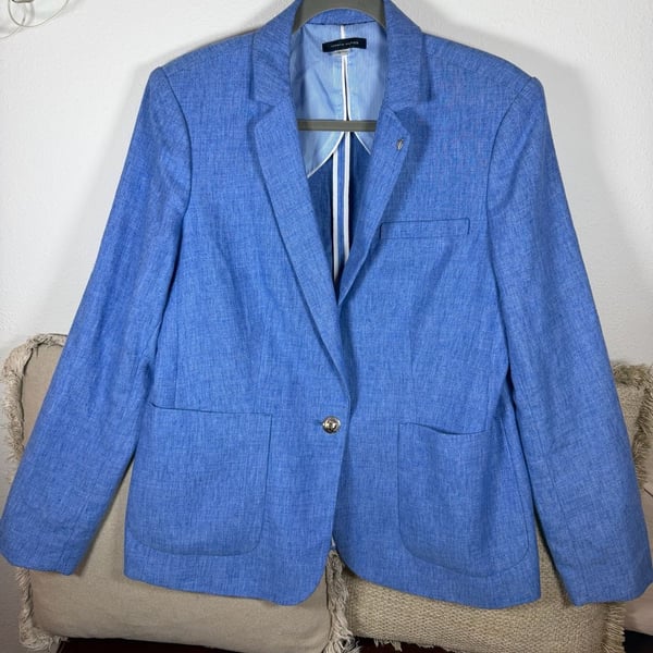 Tommy Hilfiger Blazer Size 16 Blue Linen Elbow Patches Gold Buttons