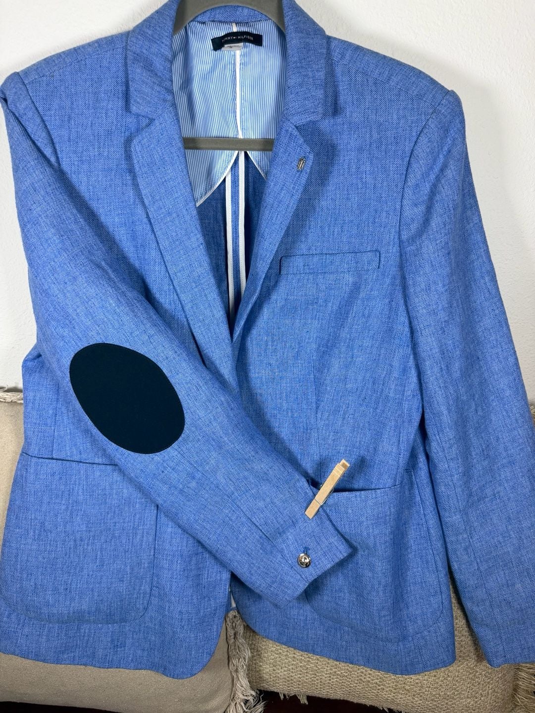 Tommy Hilfiger Blazer Size 16 Blue Linen Elbow Patches Gold Buttons 7