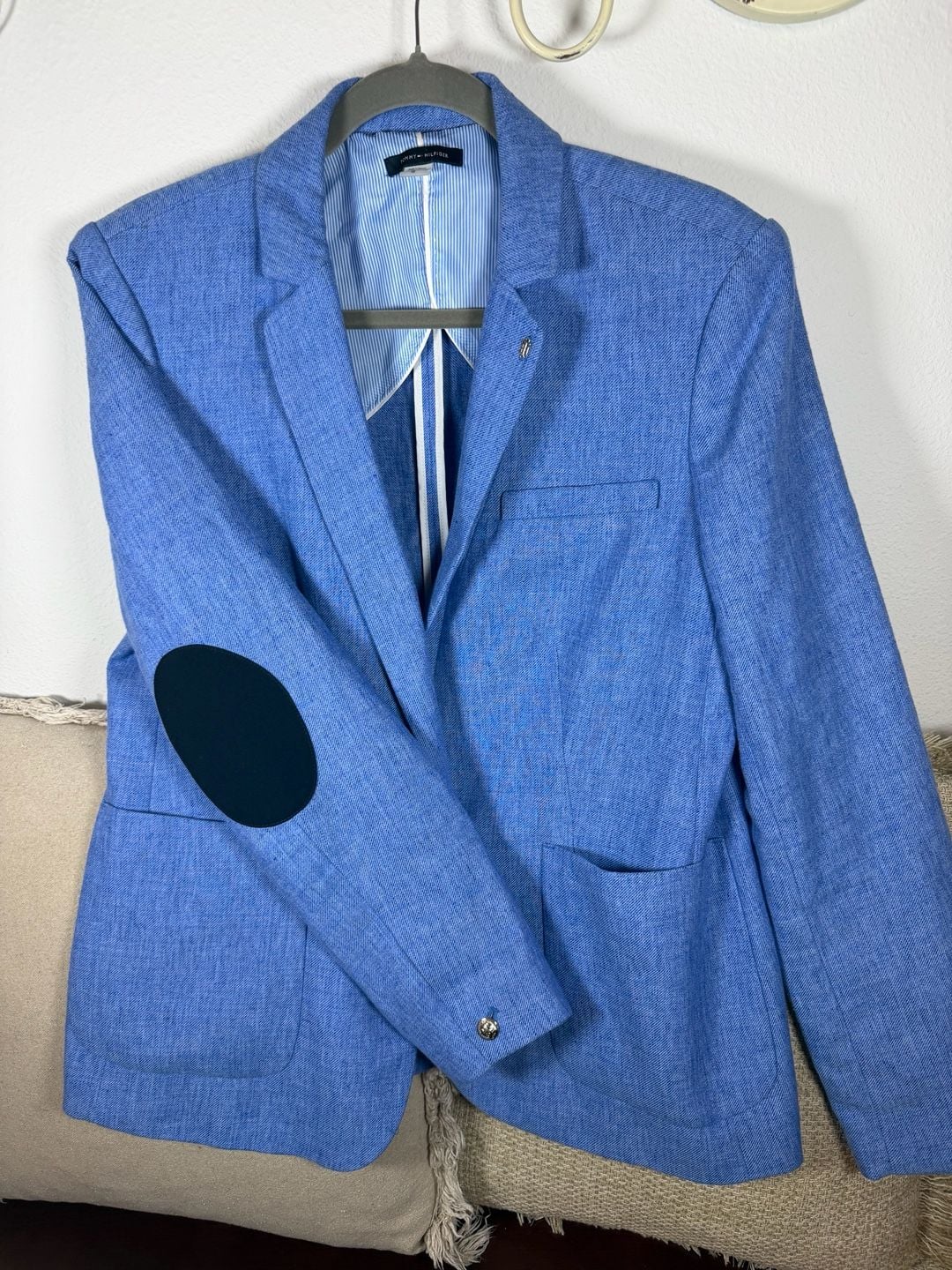 Tommy Hilfiger Blazer Size 16 Blue Linen Elbow Patches Gold Buttons 10