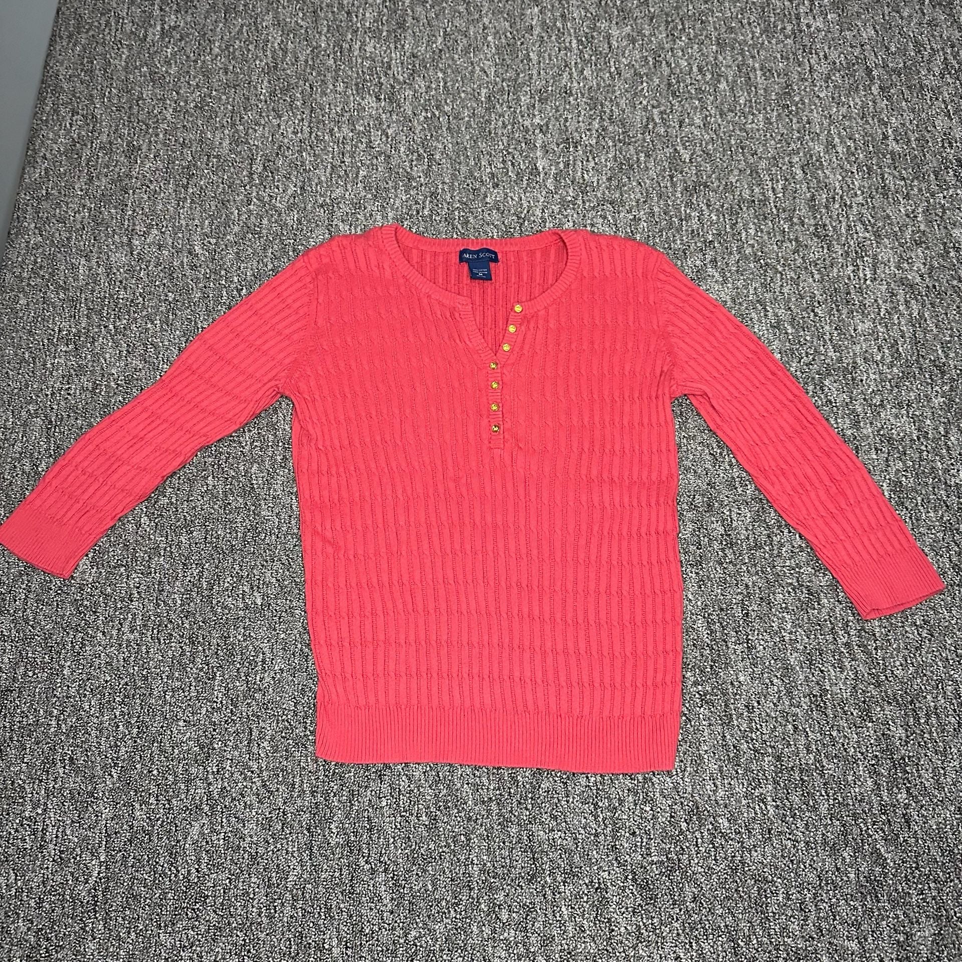 Karen Scott Cable Knit Henley Sweater Size M Red Cotton 3