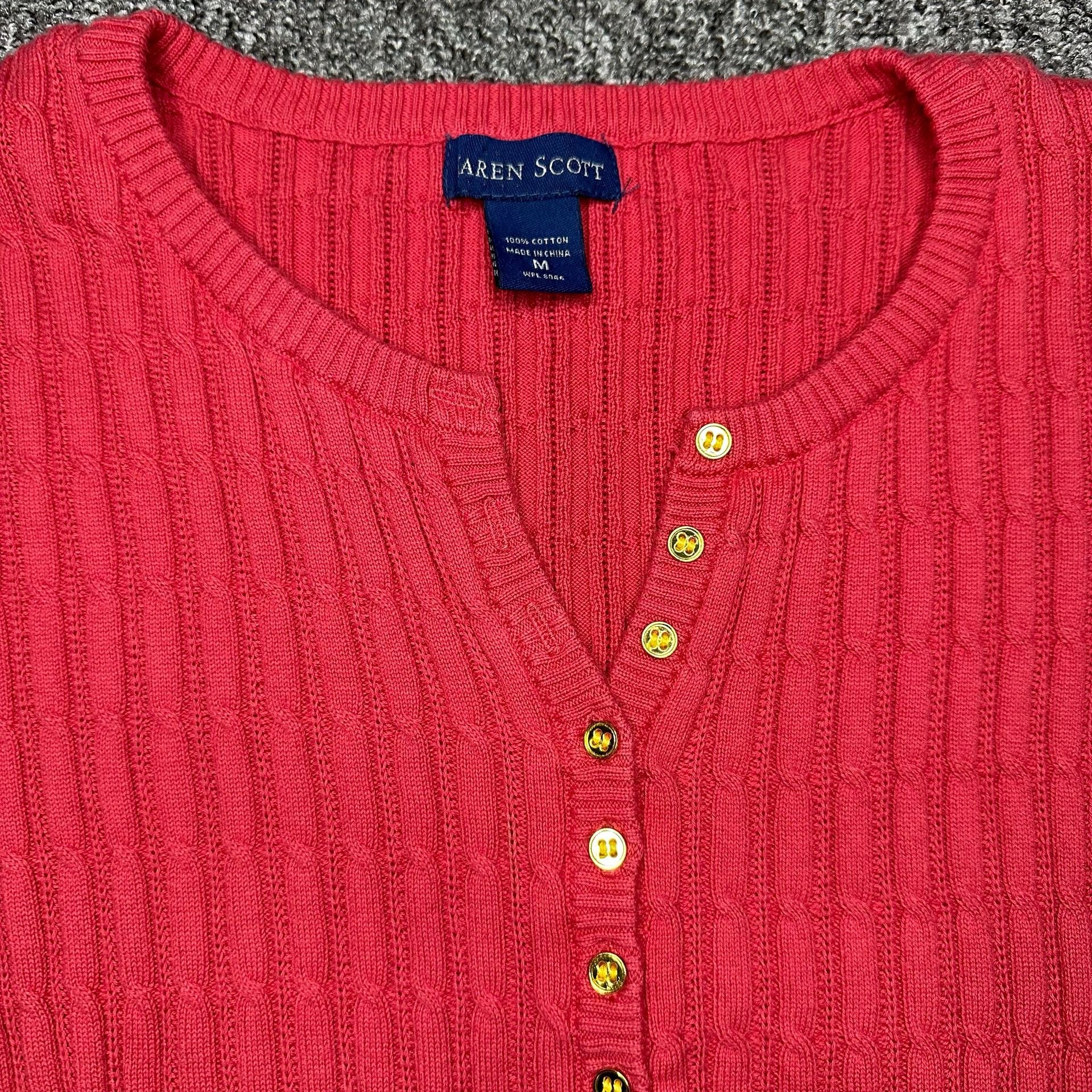 Karen Scott Cable Knit Henley Sweater Size M Red Cotton 4