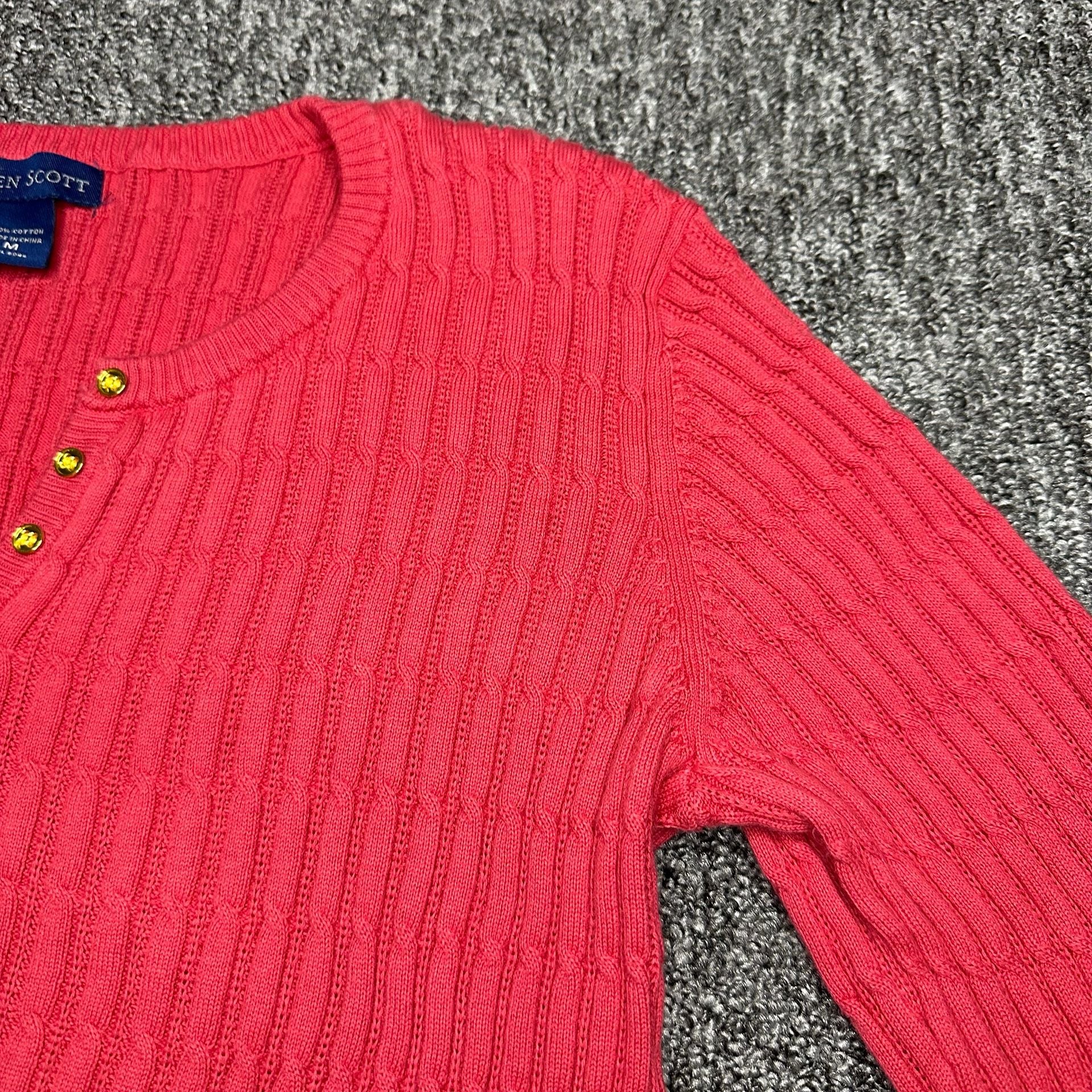 Karen Scott Cable Knit Henley Sweater Size M Red Cotton 9