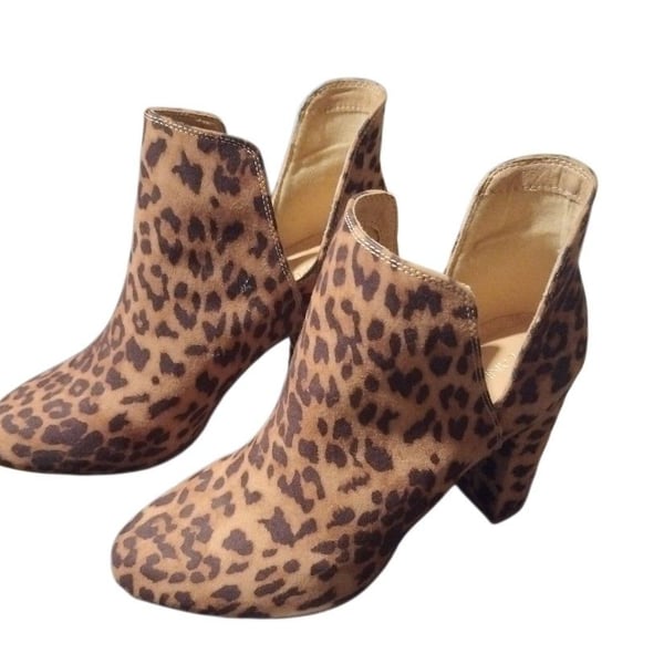 Leopard Print Cutout Ankle Booties Block Heel