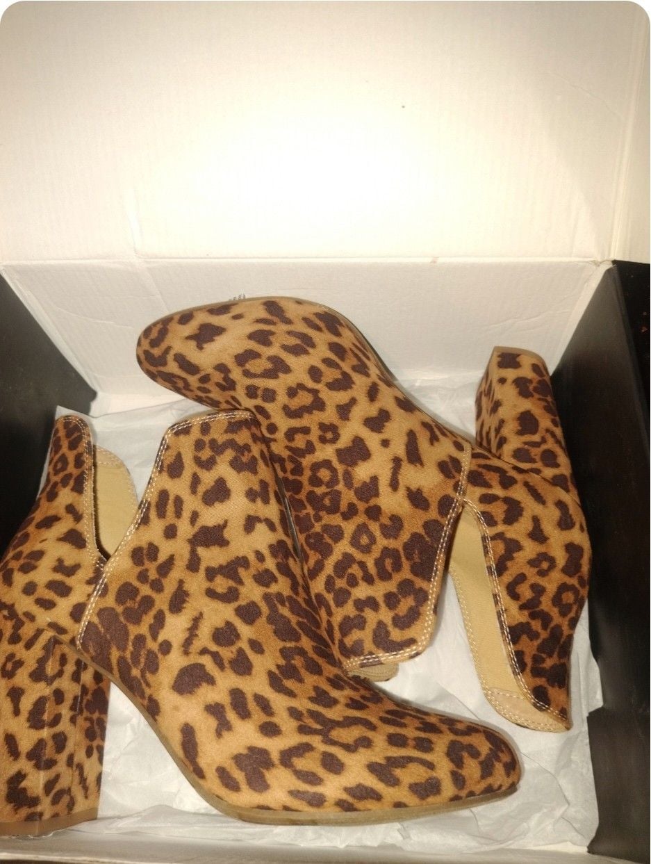 Leopard Print Cutout Ankle Booties Block Heel 7