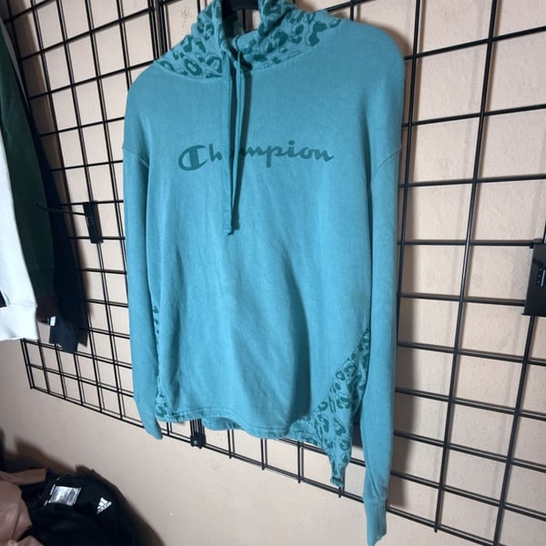 Champion Hoodie Size S Teal Leopard Print Pullover Sweatshirt