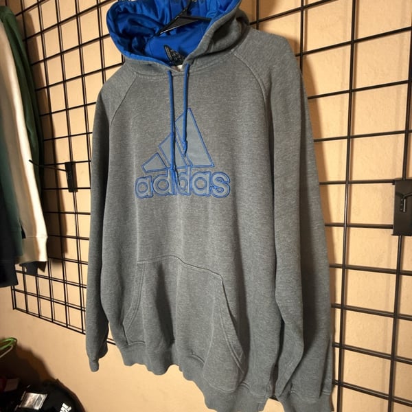 Adidas Hoodie Size M Gray Blue Logo Pullover Sweatshirt