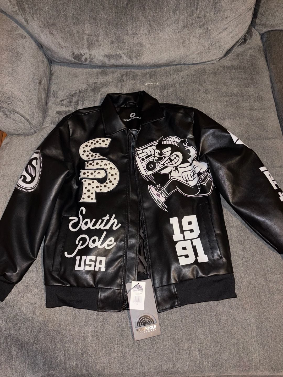 Southpole Sp-91 Faux Leather Bomber Jacket Size M Black 2
