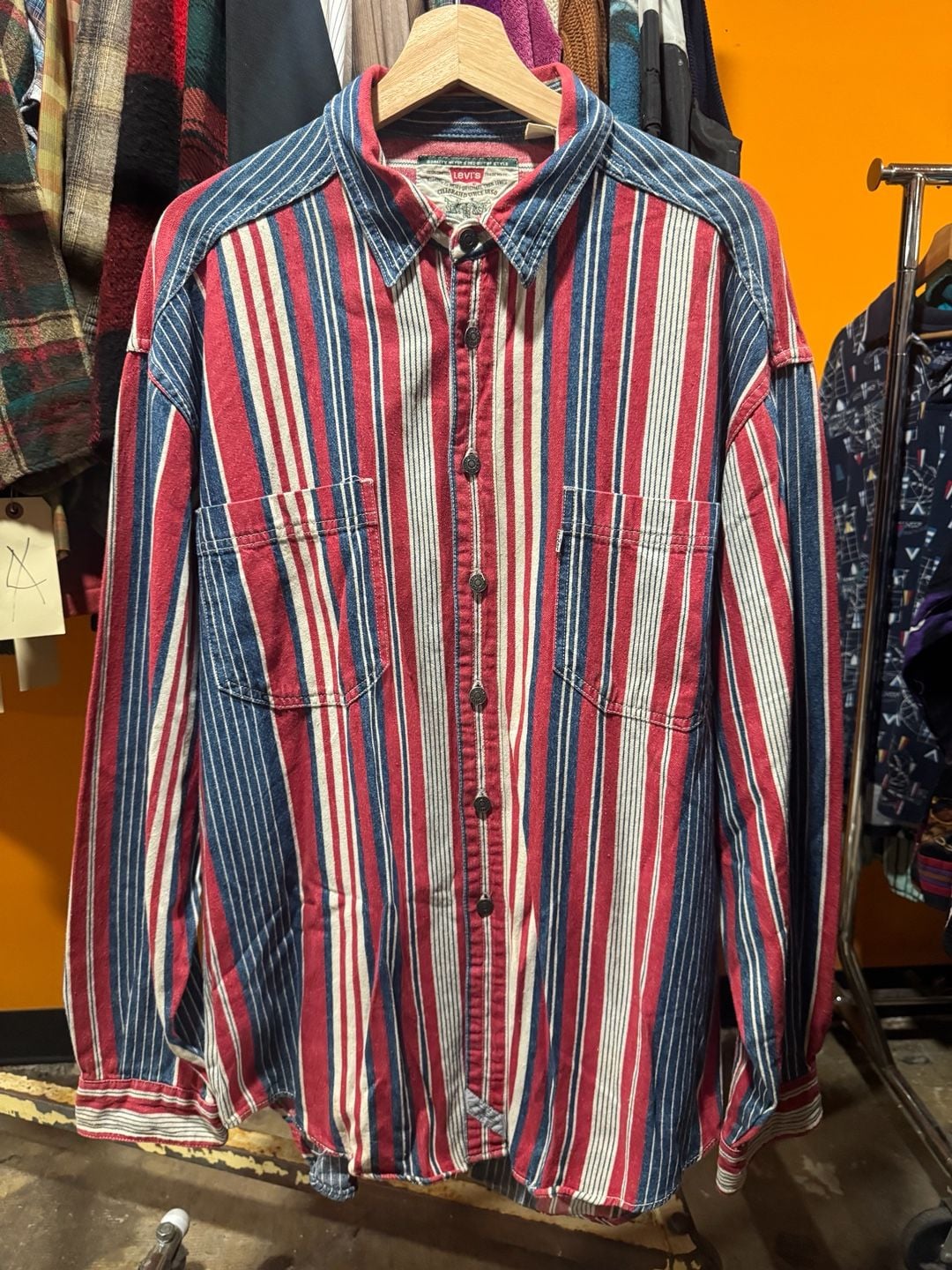 Vintage 90s Levi’s Denim Button Up Shirt Large Vertical Striped Red White Blue 2