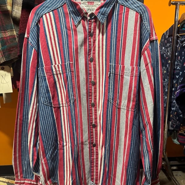 Vintage 90s Levi’s Denim Button Up Shirt Large Vertical Striped Red White Blue