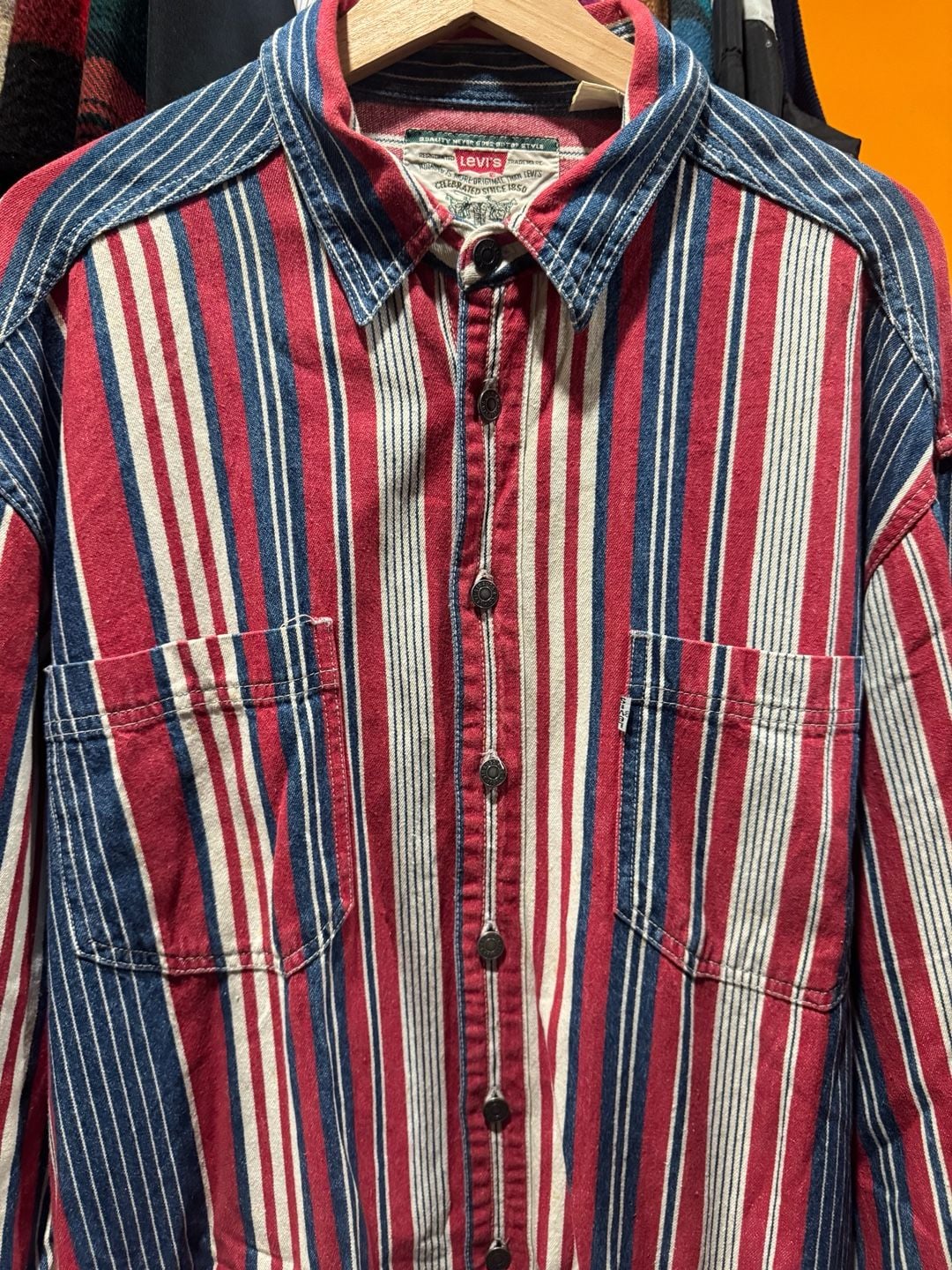 Vintage 90s Levi’s Denim Button Up Shirt Large Vertical Striped Red White Blue 3