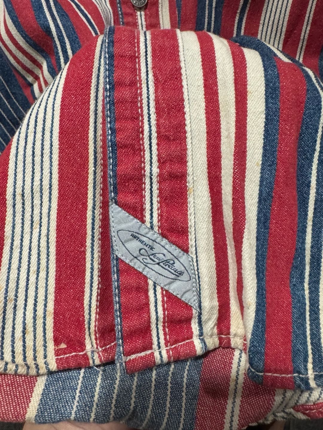 Vintage 90s Levi’s Denim Button Up Shirt Large Vertical Striped Red White Blue 6