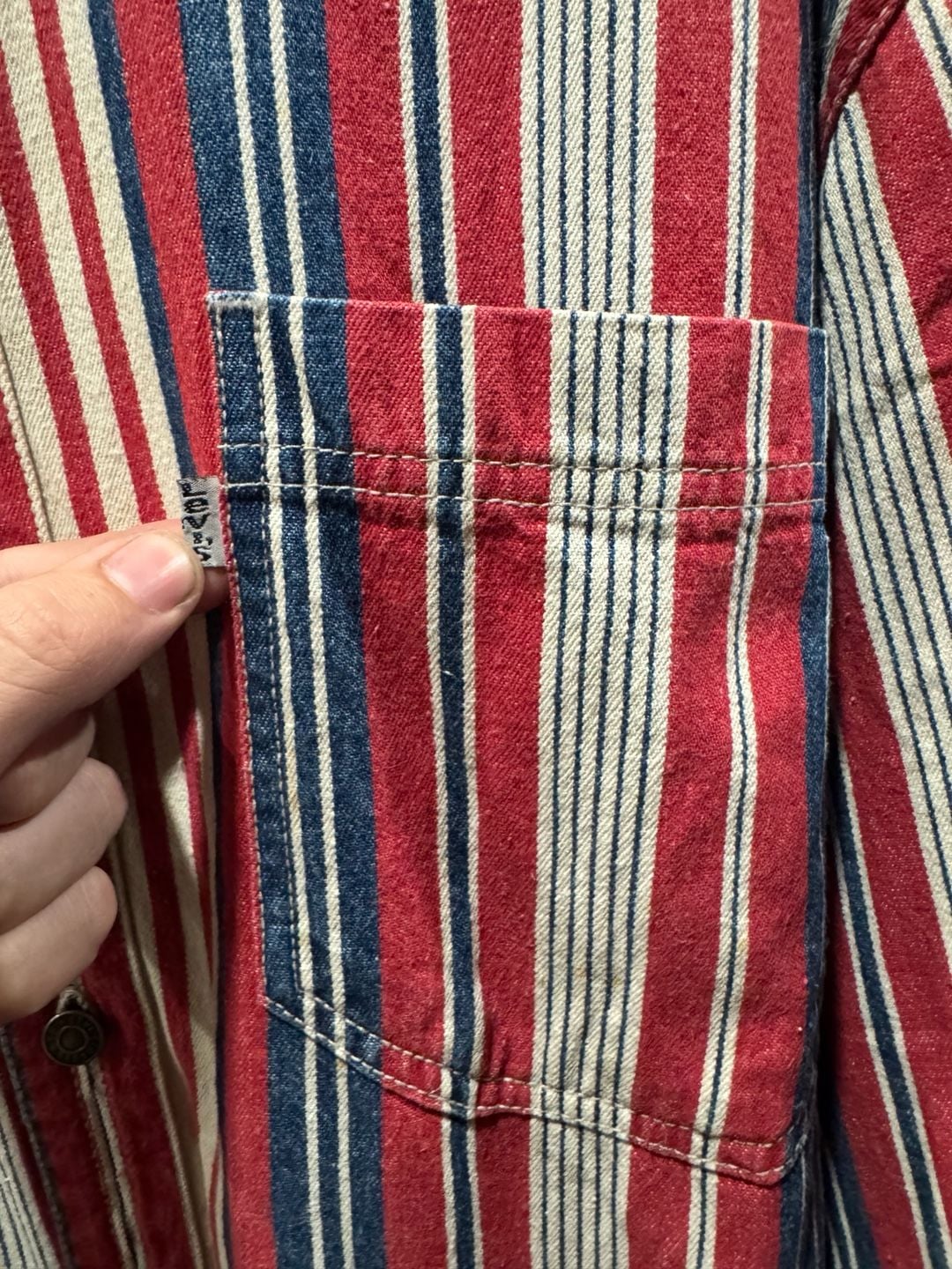 Vintage 90s Levi’s Denim Button Up Shirt Large Vertical Striped Red White Blue 7