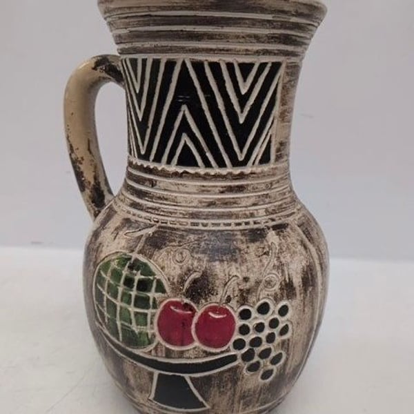 Vintage Japanese Ceramic Handled Pitcher Vase Fruit Design