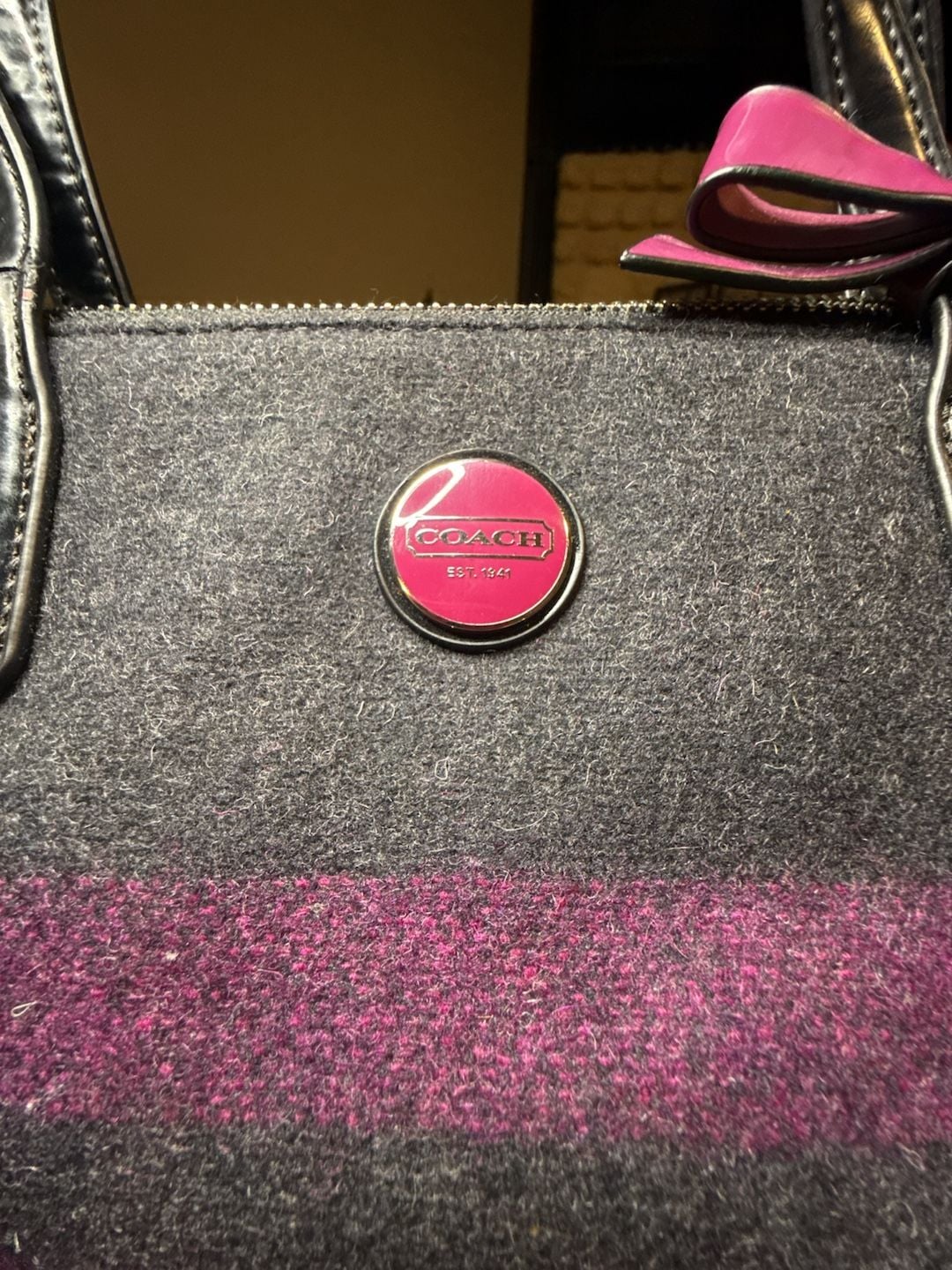 Coach Signature Stripe Wool Satchel Gray Purple Bow 3