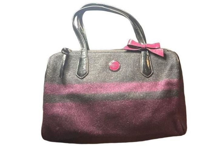 Coach Signature Stripe Wool Satchel Gray Purple Bow 2