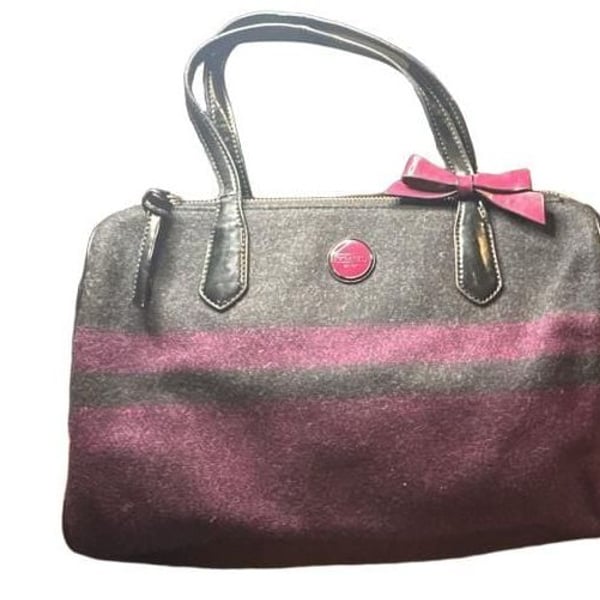 Coach Signature Stripe Wool Satchel Gray Purple Bow
