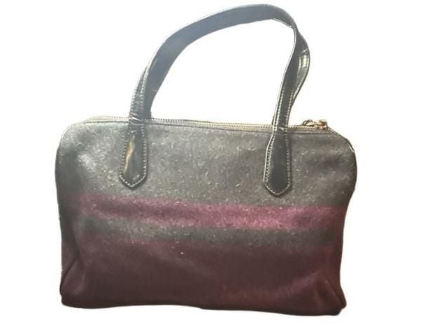Coach Signature Stripe Wool Satchel Gray Purple Bow 5