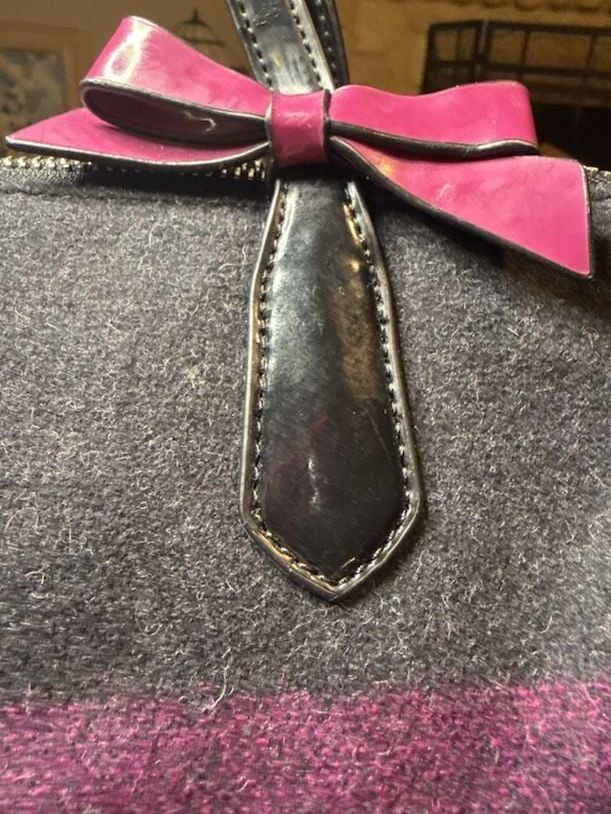 Coach Signature Stripe Wool Satchel Gray Purple Bow 4