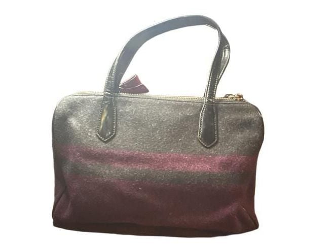 Coach Signature Stripe Wool Satchel Gray Purple Bow 6