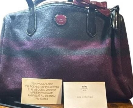 Coach Signature Stripe Wool Satchel Gray Purple Bow 11