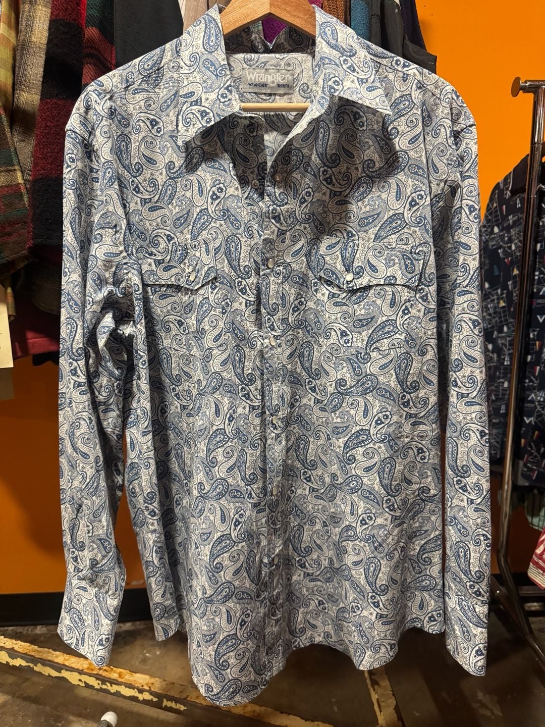 Vintage Wrangler Wrancher Western Snap Blue Paisley Long Sleeve Shirt Size Large 2