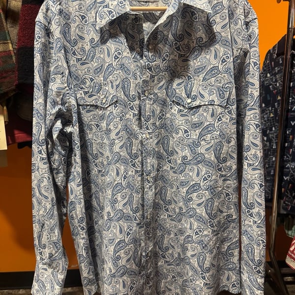 Vintage Wrangler Wrancher Western Snap Blue Paisley Long Sleeve Shirt Size Large