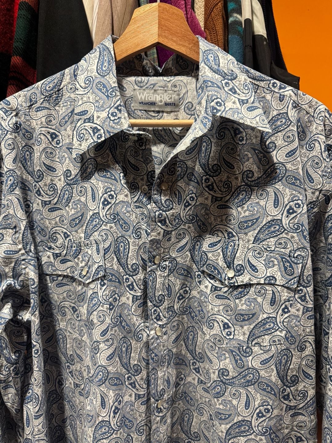 Vintage Wrangler Wrancher Western Snap Blue Paisley Long Sleeve Shirt Size Large 3