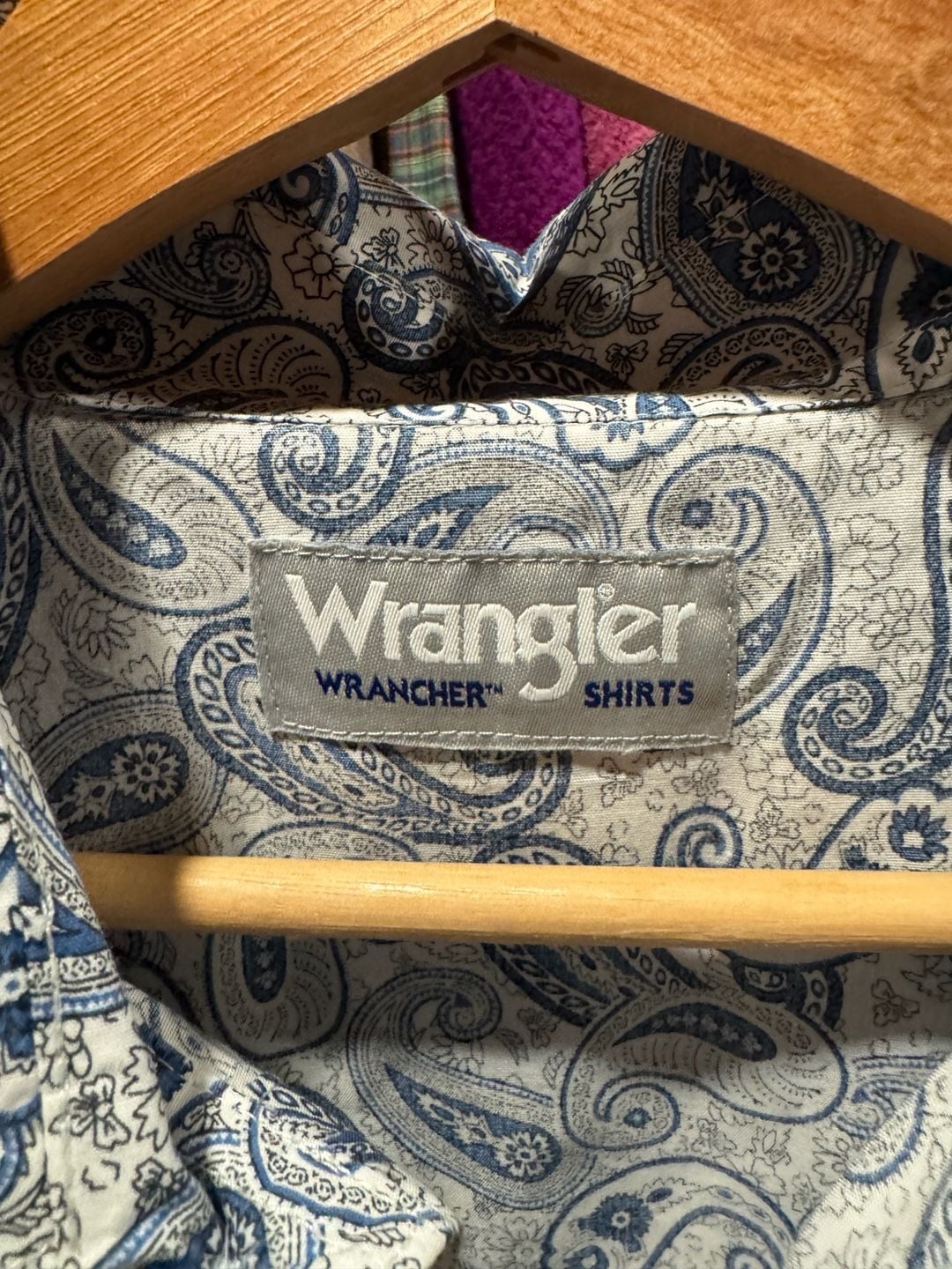 Vintage Wrangler Wrancher Western Snap Blue Paisley Long Sleeve Shirt Size Large 7
