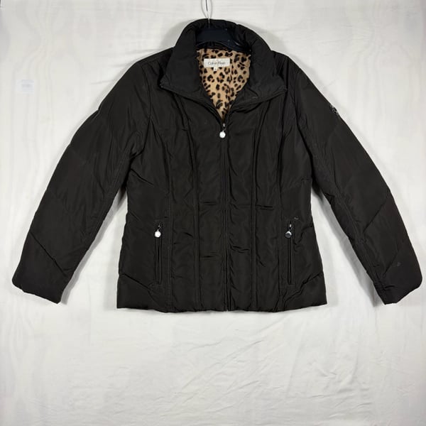 Calvin Klein Puffer Jacket Size M Black Down Leopard Print Lining