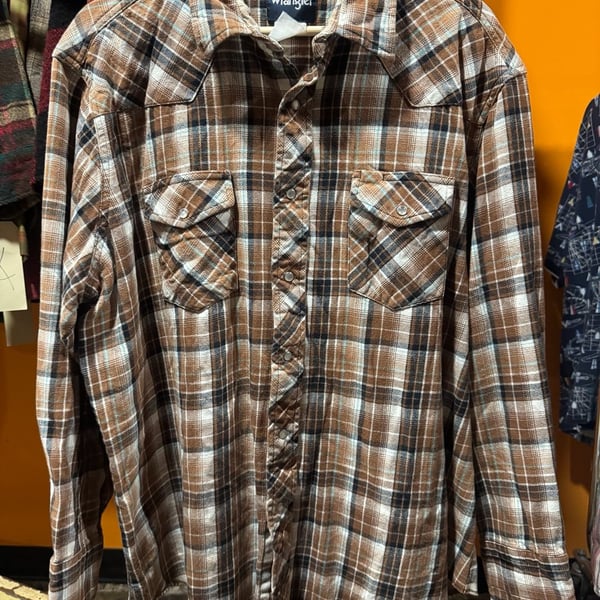 Vintage 90s Wrangler Western Plaid Pearl Snap Long Sleeve Shirt Brown Size XL