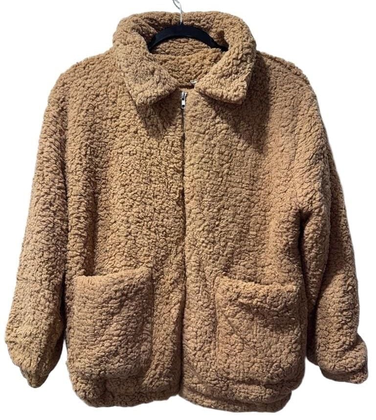Tan Sherpa Fleece Zip Jacket Size L 2
