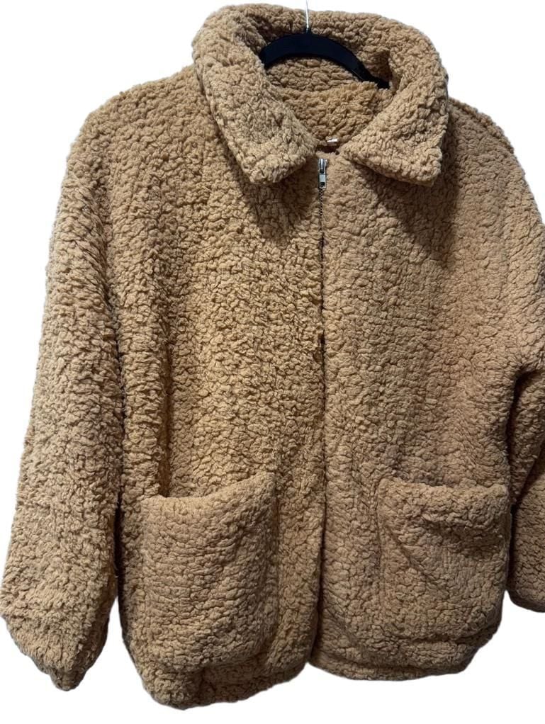 Tan Sherpa Fleece Zip Jacket Size L 3