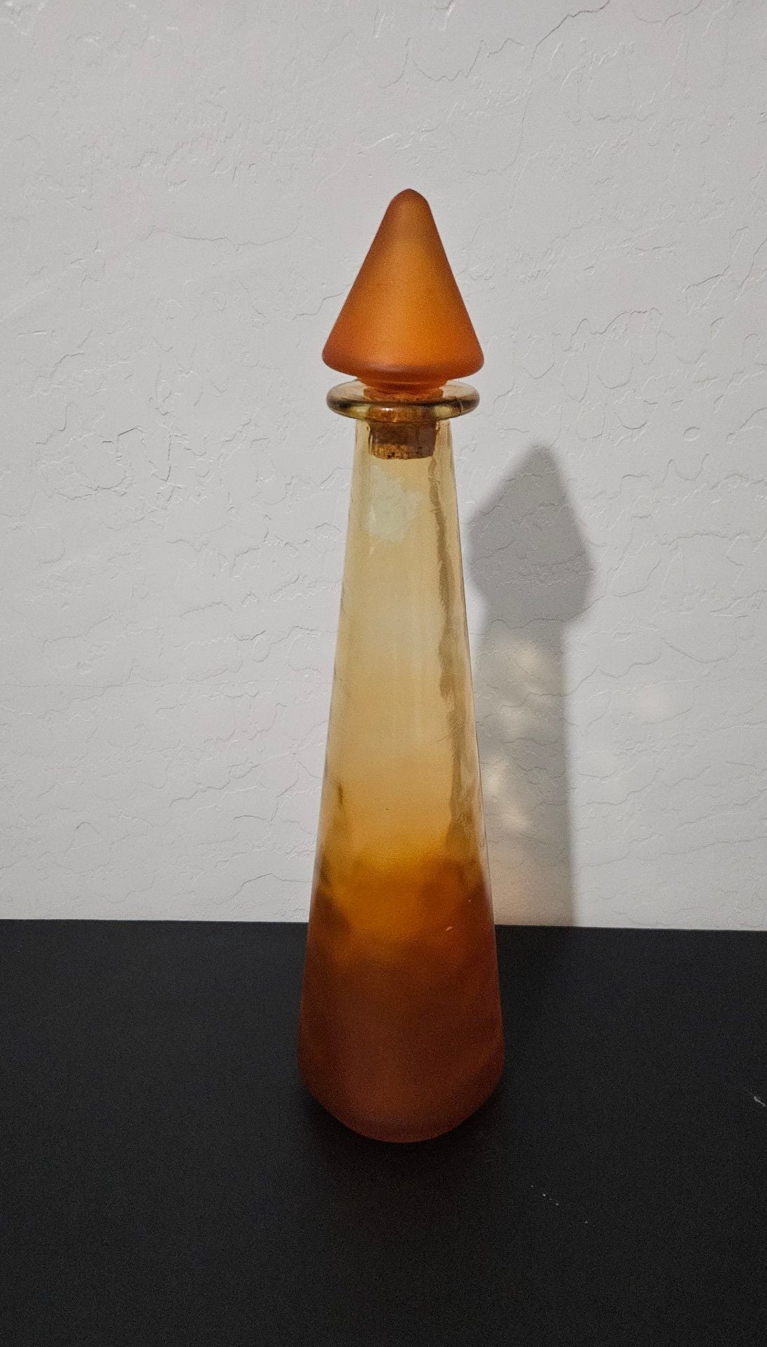 Vintage Mid Century Modern Amber Art Glass Genie Bottle With Cork Seal Decanter 1
