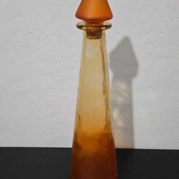Vintage Mid Century Modern Amber Art Glass Genie Bottle With Cork Seal Decanter