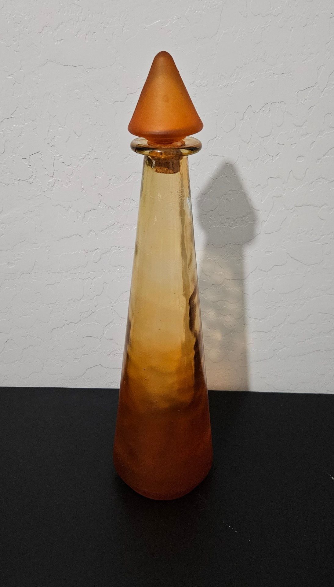 Vintage Mid Century Modern Amber Art Glass Genie Bottle With Cork Seal Decanter 2
