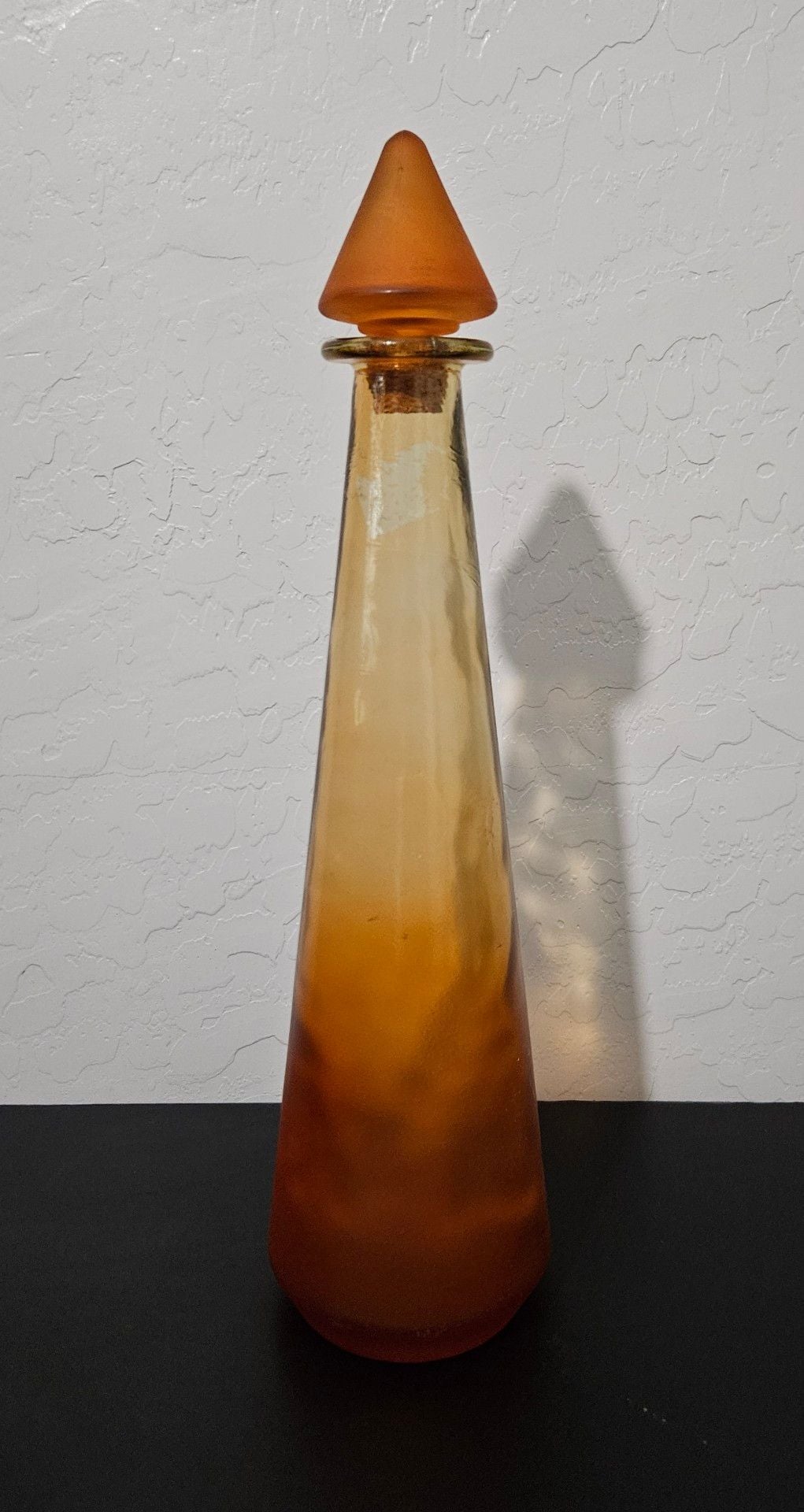 Vintage Mid Century Modern Amber Art Glass Genie Bottle With Cork Seal Decanter 3