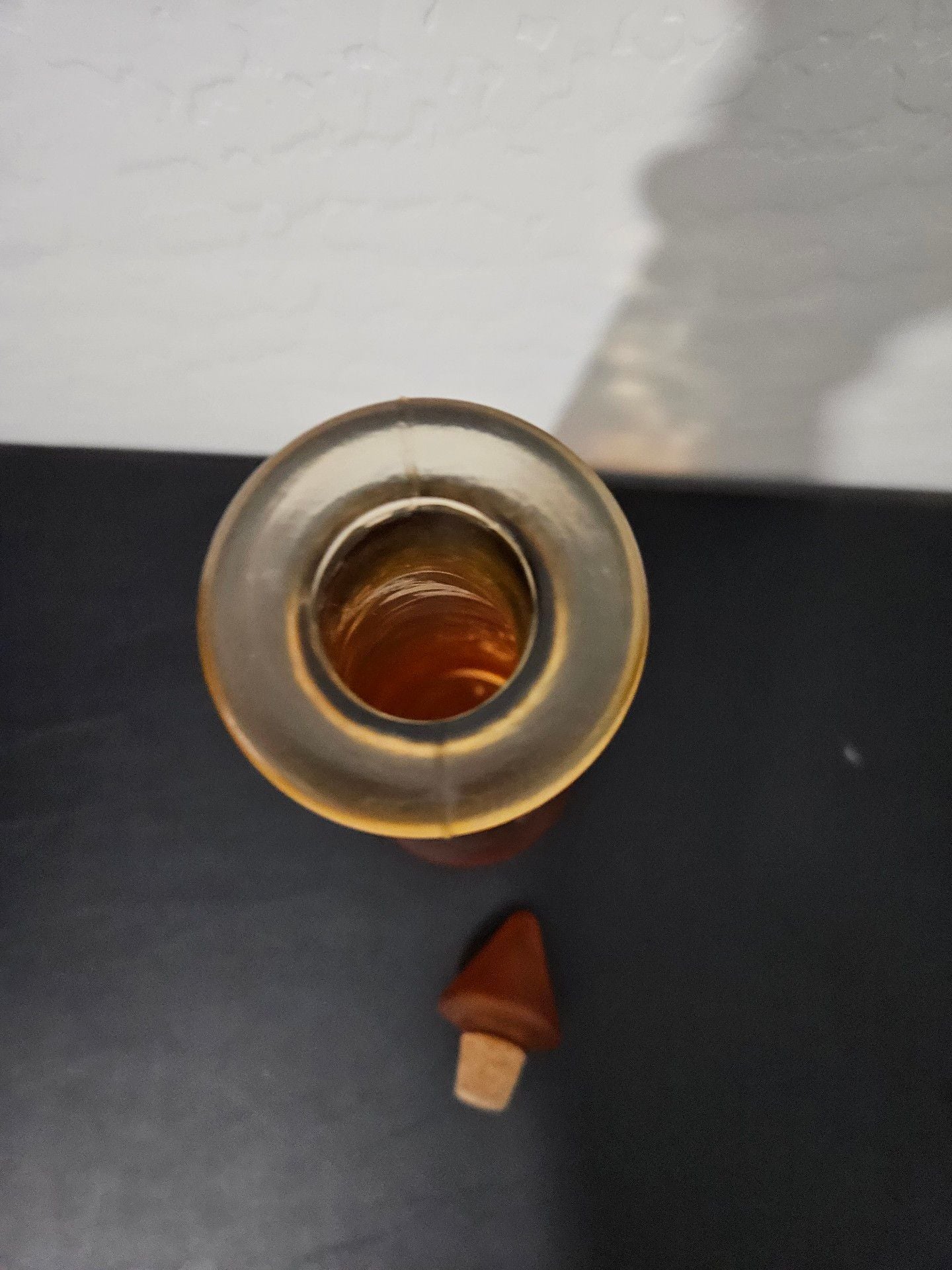 Vintage Mid Century Modern Amber Art Glass Genie Bottle With Cork Seal Decanter 4