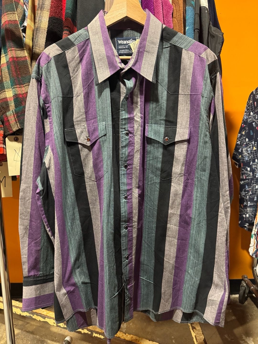 Vintage 90s Wrangler Cowboy Cut Western Snap Shirt X-Long Tails Striped 18x35 XL 2