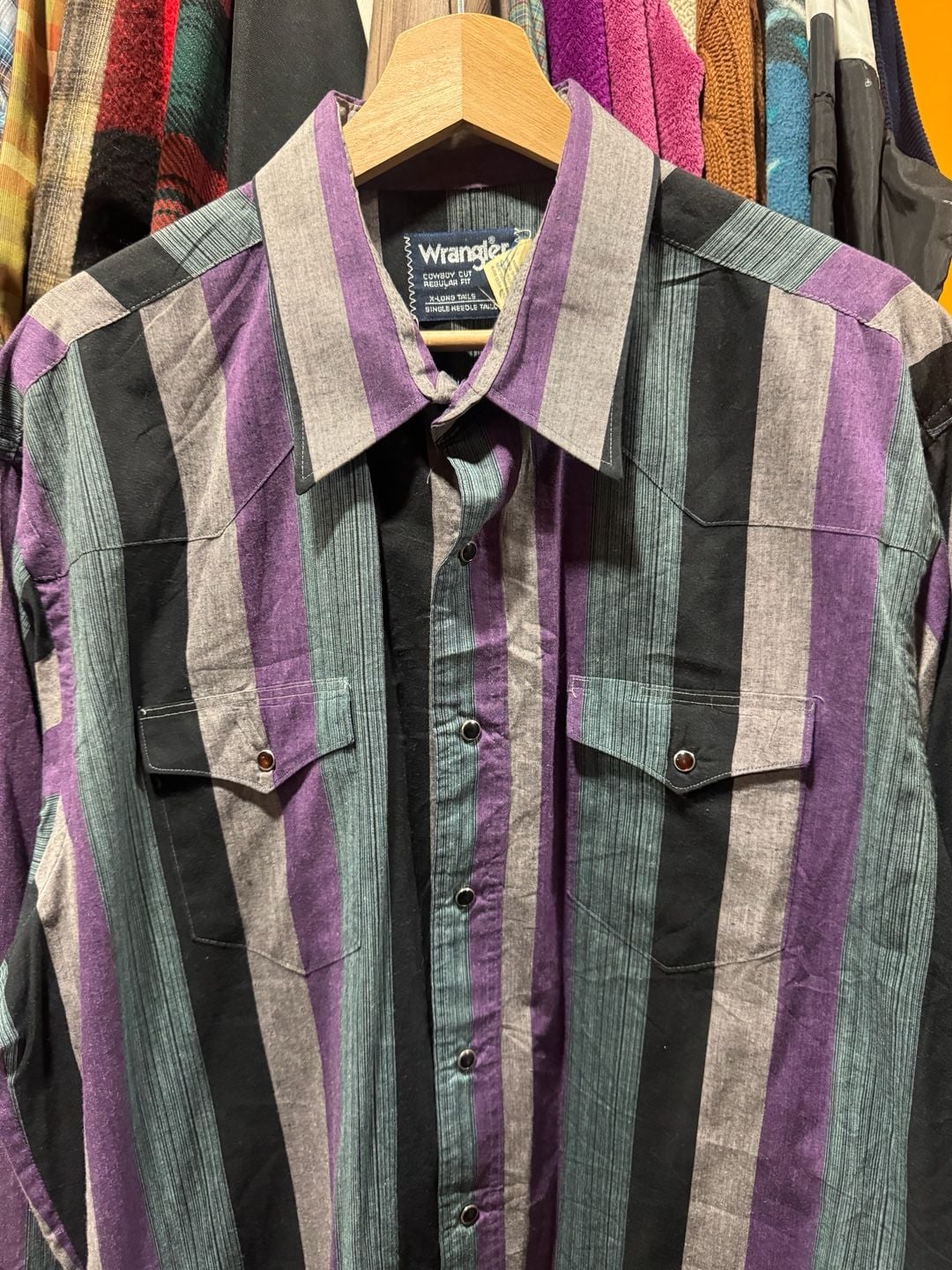 Vintage 90s Wrangler Cowboy Cut Western Snap Shirt X-Long Tails Striped 18x35 XL 3
