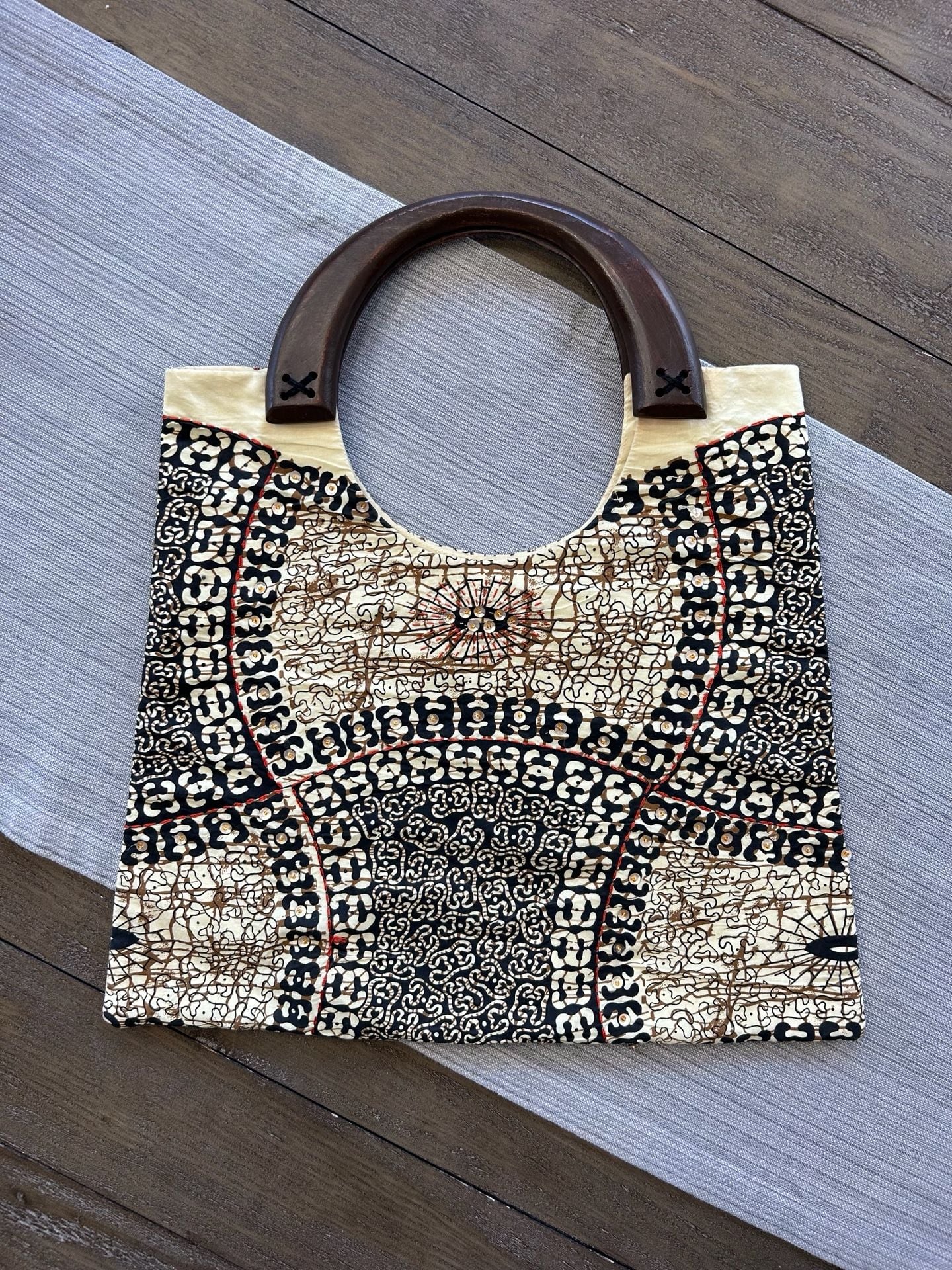 Handmade African Print Tote Bag With Wooden Handles 2
