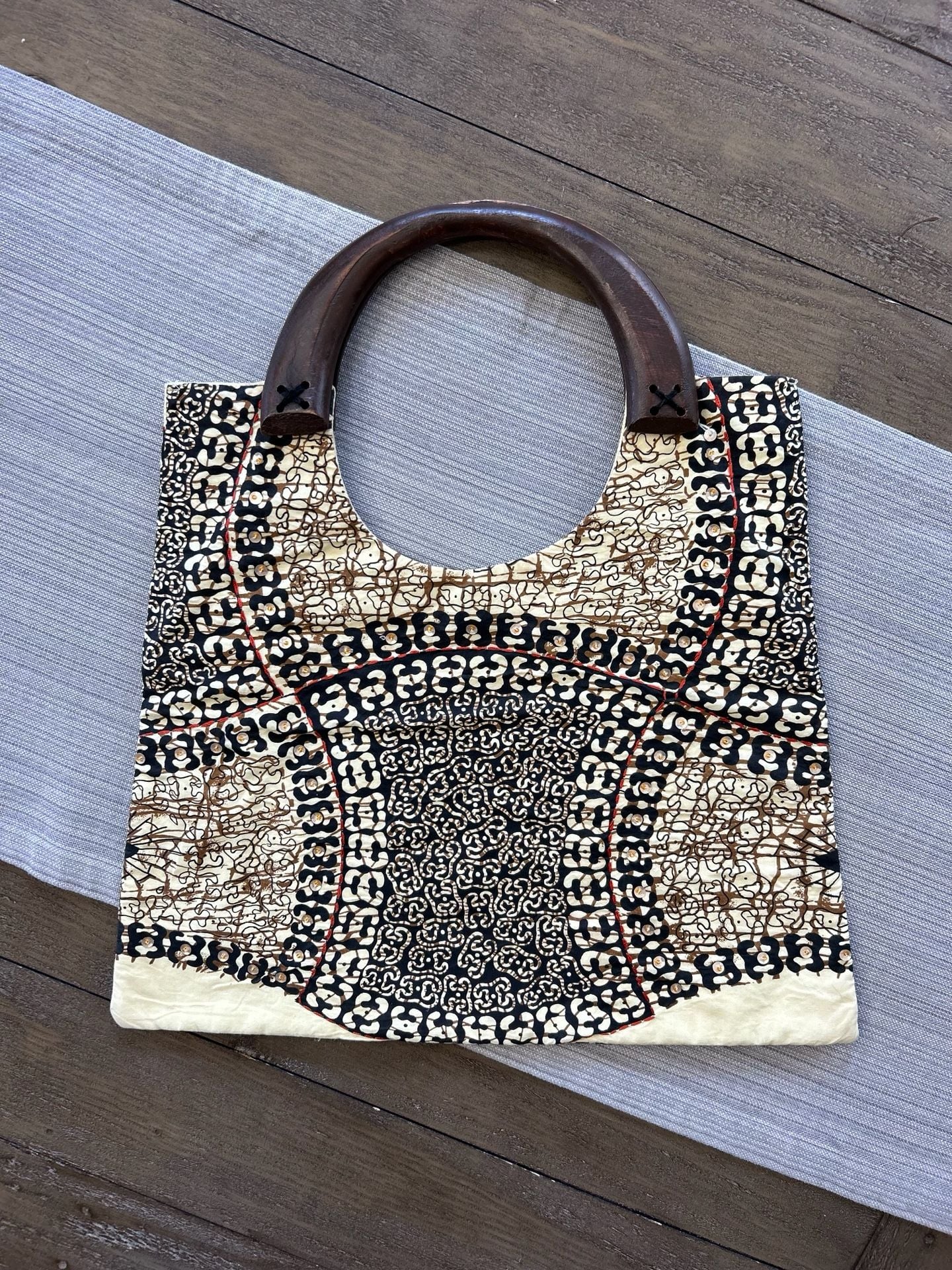 Handmade African Print Tote Bag With Wooden Handles 7