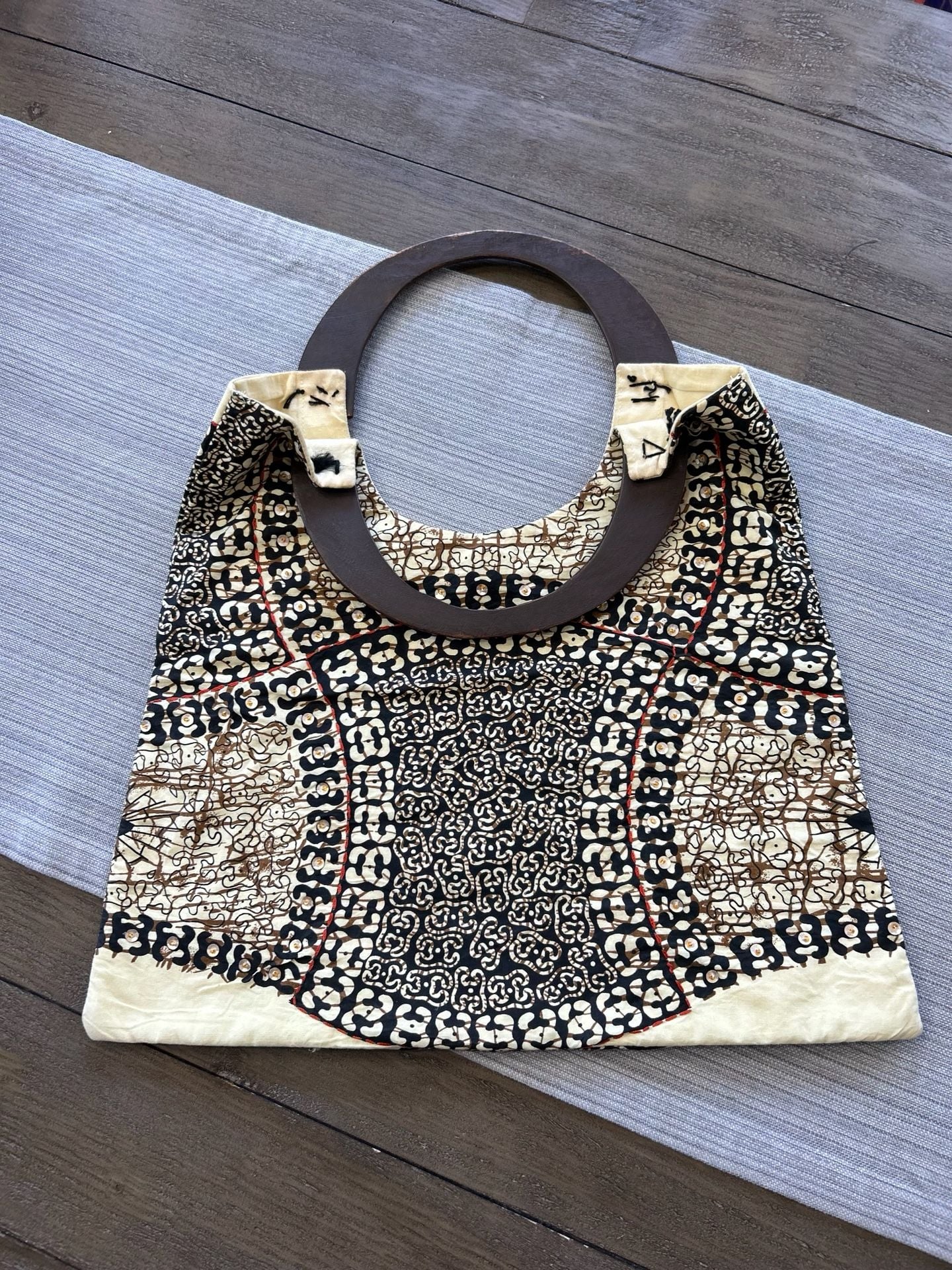 Handmade African Print Tote Bag With Wooden Handles 9