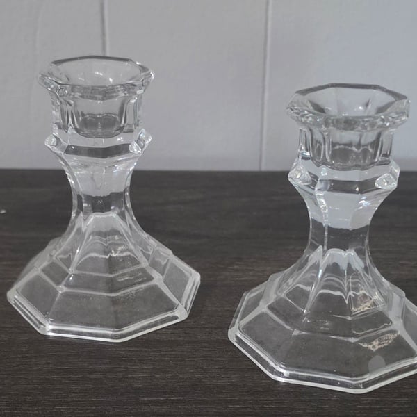 Clear Glass Faceted Taper Candle Holders Set of 2