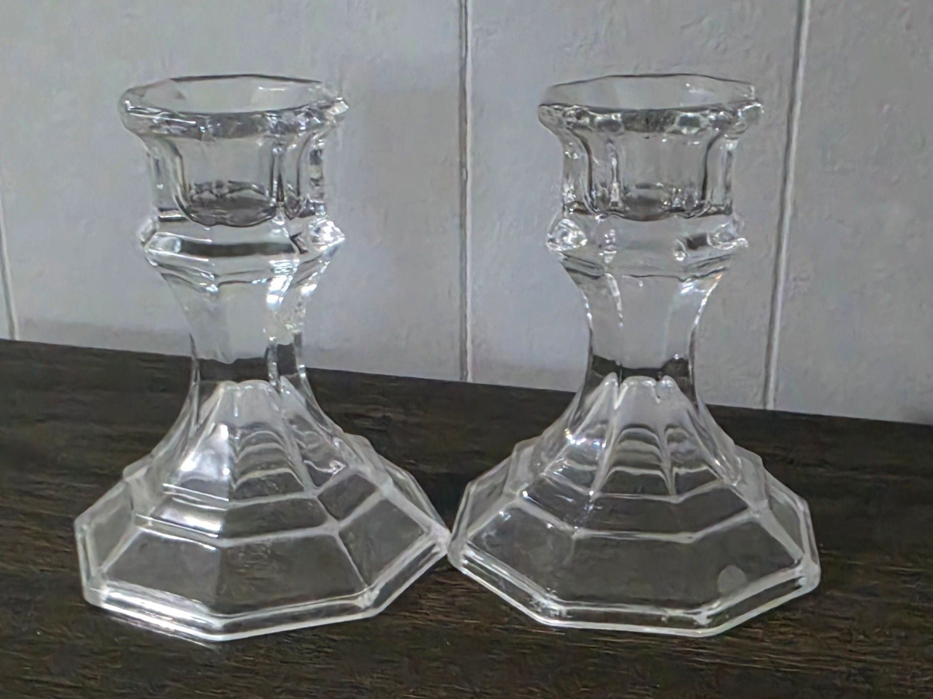 Clear Glass Faceted Taper Candle Holders Set of 2 3